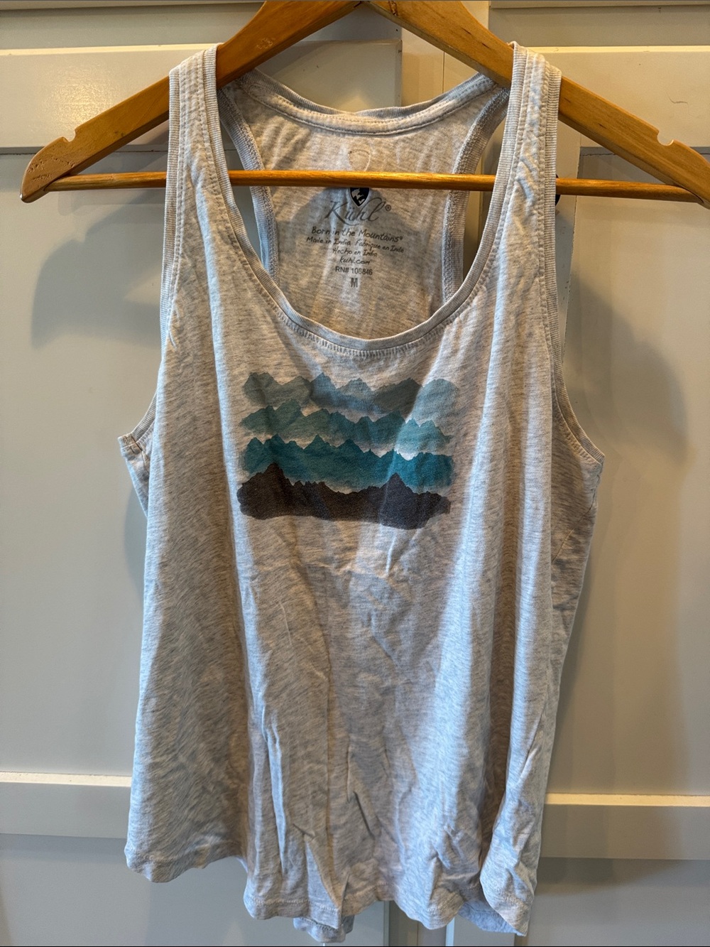 Kuhl Light Gray Tank Top with Teal and Brown Mountain Graphic